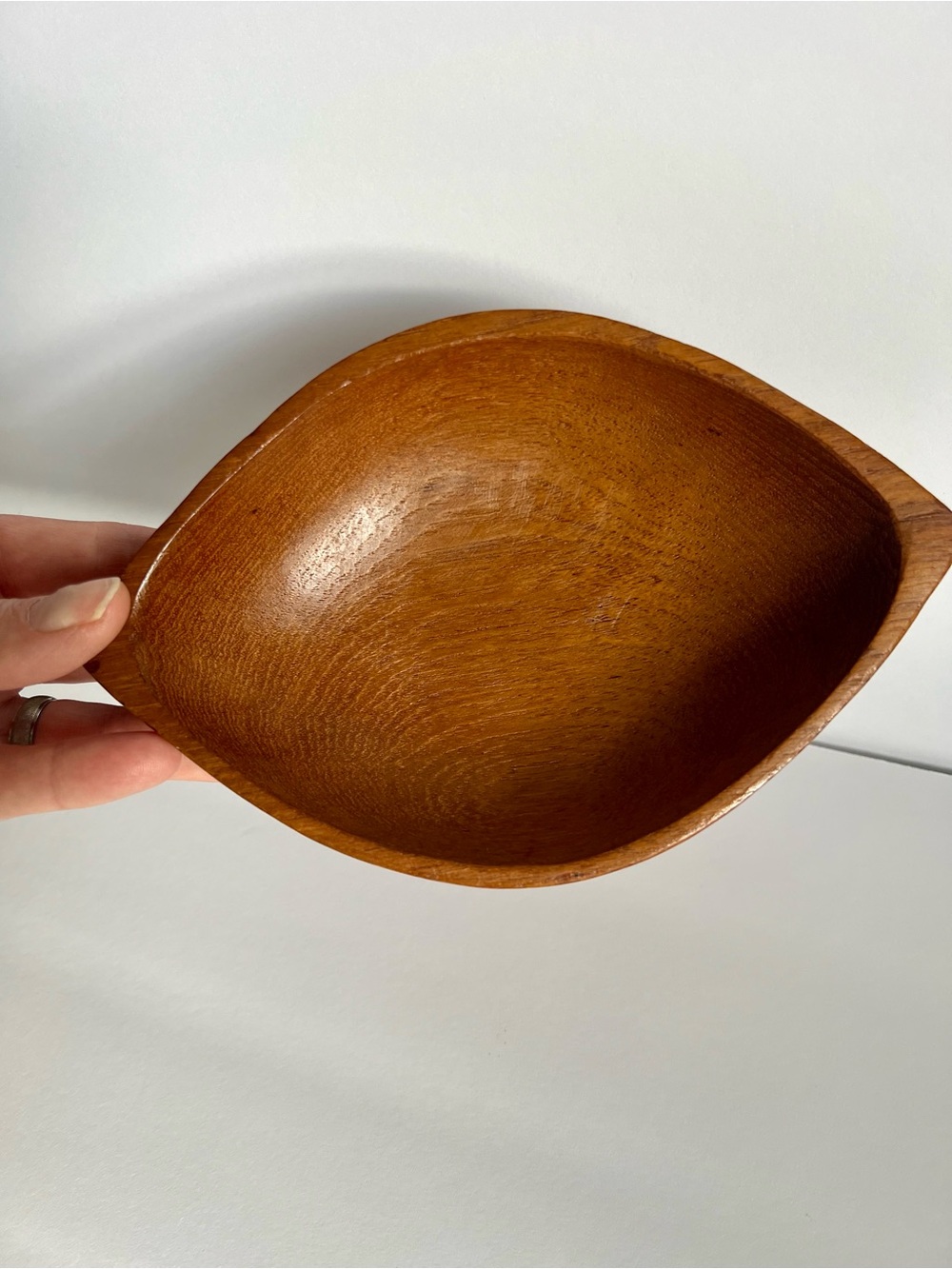 Hand Carved Teak Wooden Leaf Serving Bowl Brown Vintage Made in Thailand